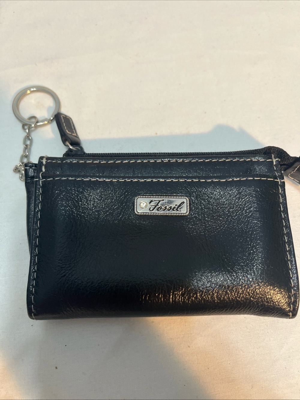 Fossil Black Leather Zip Key Pouch with Contrast Stitching